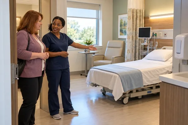 Nurse shows a prospective patient an empty recovery room during a tour of an outpatient surgery center.