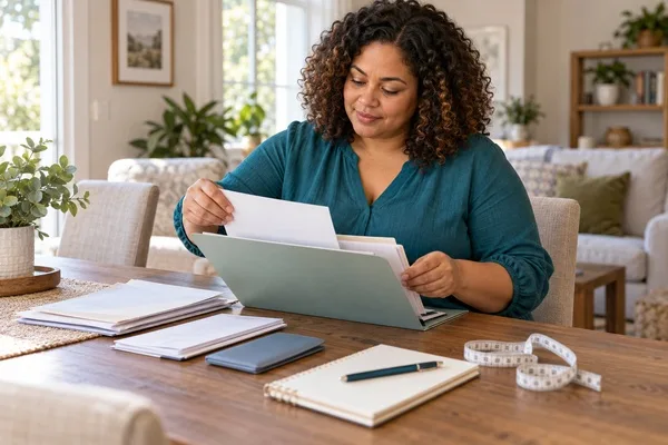 Woman organizes medical documents in a folder beside a notebook and measuring tape before a consultation.