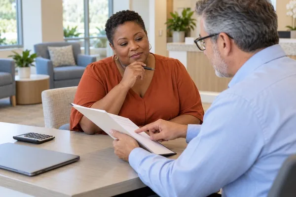 Patient reviews payment documents with a financial coordinator at a clinic desk with a calculator nearby.