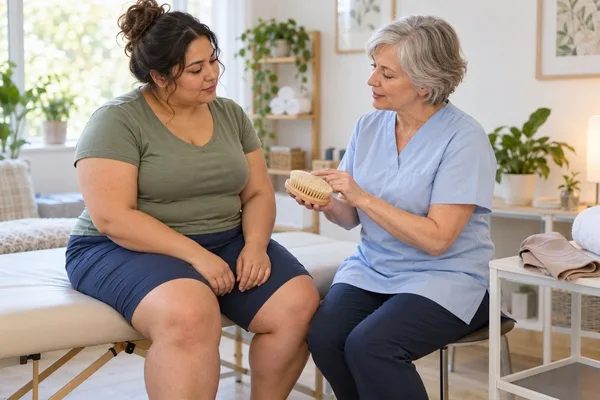 Therapist discusses a soft-bristle body brush with a seated patient during a lymphatic care consultation.